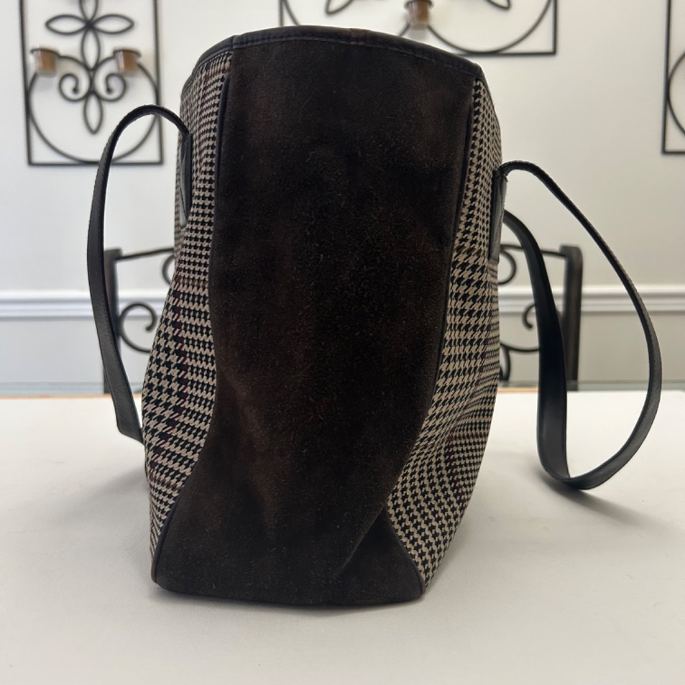 Ralph Lauren Vintage Houndstooth Plaid Tote Brown Suede and Leather - Picture 5 of 14